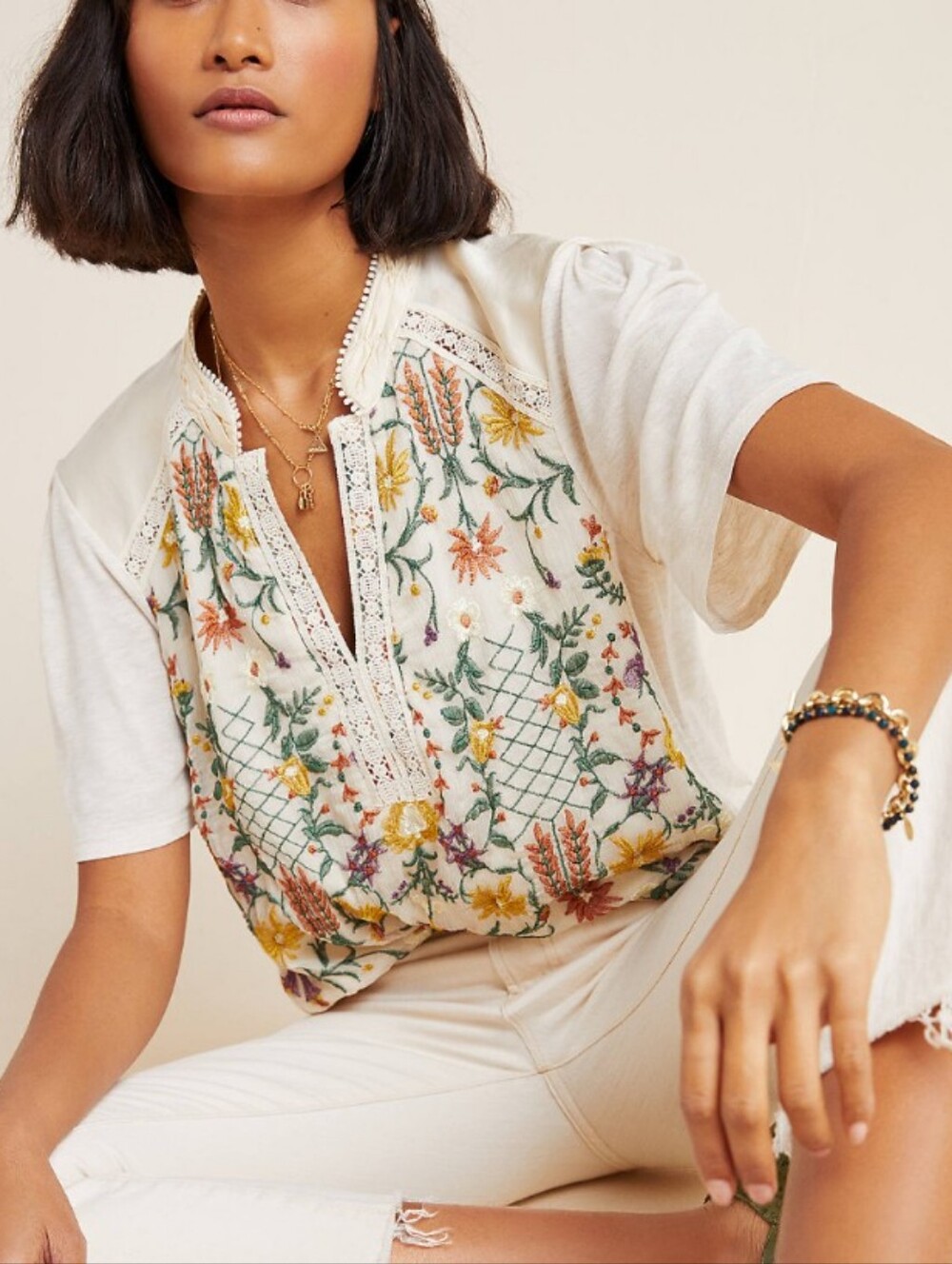 Anthropologie Tiny Eliana Embroidered Floral Ivory Blouse